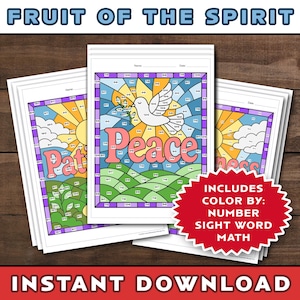 May include: A stack of printable color-by-number worksheets with the text "Fruit of the Spirit". The worksheets feature images of a dove, sun, and text, with the words "Peace", "Patience", and "Kindness". The image also includes the text "Instant Download".