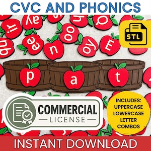 May include: A set of red apple-shaped tokens featuring white lowercase letters, arranged with three brown wooden-style baskets displaying the letters p, a, and t. The image includes text reading CVC AND PHONICS, COMMERCIAL LICENSE, and INSTANT DOWNLOAD.