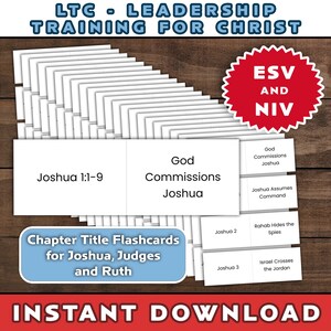 May include: A collection of white flashcards with text, including "Joshua 1:1-9" and "God Commissions Joshua." The image also features a red burst with "ESV AND NIV" and text that reads "Chapter Title Flashcards for Joshua, Judges and Ruth."