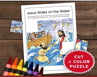 Jezus chodzi po wodzie – wytnij i pokoloruj – lekcja biblijna dla szkółki niedzielnej (do pobrania w wersji cyfrowej)