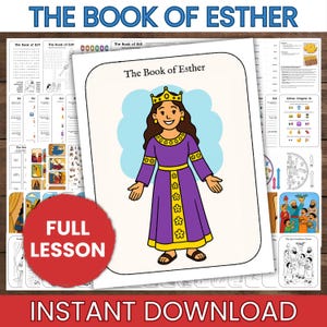 May include: A printable educational activity set titled The Book of Esther featuring a central illustration of a queen wearing a purple dress with yellow trim and a crown, surrounded by various worksheets, word searches, and coloring pages.