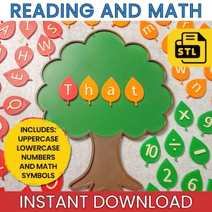 May include: A green tree-shaped board with a brown trunk, surrounded by small leaf-shaped pieces featuring letters, numbers, and math symbols. The word "That" is spelled out on the tree. Text includes "READING AND MATH", "STL", and "INCLUDES: UPPERCASE LOWERCASE NUMBERS AND MATH SYMBOLS INSTANT DOWNLOAD".
