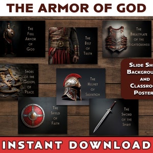 Puede incluir: Un conjunto de nueve carteles imprimibles que representan la armadura de Dios, con cada cartel que representa una pieza de armadura diferente y su versículo bíblico correspondiente. Los carteles están diseñados en un estilo oscuro y rústico con un fondo de madera y presentan imágenes de armaduras medievales.