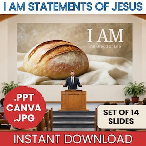May include: A digital presentation set featuring 14 slides titled I AM STATEMENTS OF JESUS. The main slide displays a large loaf of bread on a cloth with the text I AM the Bread of Life. A speaker stands at a wooden podium in a church setting.