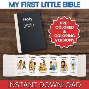 May include: A black Holy Bible book with a white spine, accompanied by a fold-out accordion-style insert featuring six illustrated panels with religious text and figures. The text includes MY FIRST LITTLE BIBLE and INSTANT DOWNLOAD.