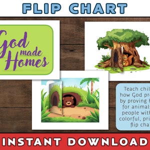 Door God gemaakte huizen | Creatie | Door God gemaakte dieren | Zorgen voor dieren | Bijbelles Knutselen | Zondagsschoolactiviteit | Flipover | Bijbelbeeld: