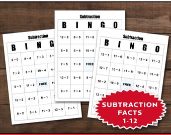 Gra w bingo odejmowanie: Wydrukuj i graj z 30 wyjątkowymi kartami (odejmowania 1-12)