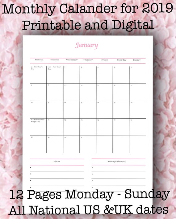 2019 daily calendar printable calendar a5 a4 calendar 2019 calendar us calendar uk year planner monthly planner instant download daily monthly planners