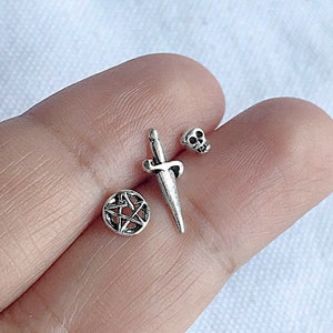 925 Sterling Silver Mismatched Stud Earring Set - Skull Pentagram Dagger Gothic Post Earrings - Cartilage Tragus Helix Second Hole Piercing