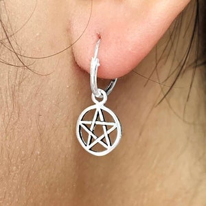 925 Sterling zilveren Pentagram hoepel oorbellen, Pentagram ster hoepel oorbellen, Pentagram drop hoepel oorbellen, gotische occulte Wiccan heks oorbellen