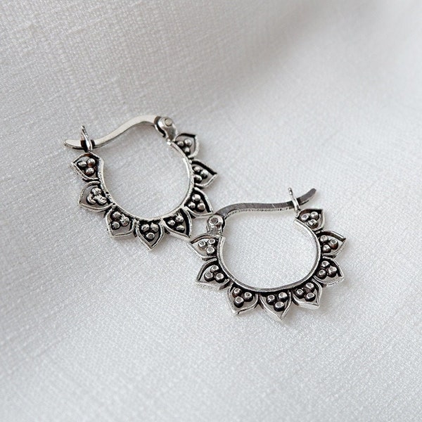 925 Sterling Silver Tribal Dotted Hoop Earrings Small, Bohemian Indian Beaded Earrings Tribal Hoop Earrings Boho Hoop Earrings, Ethnic Hoops