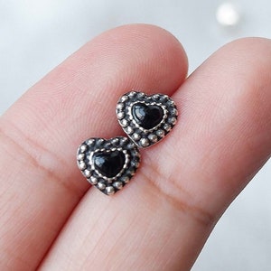 Dainty Black Onyx Heart Stud Earrings, 925 Sterling Silver Wicca Wiccan Bohemian Geometric - Cartilage Tragus Helix Second Hole Piercing