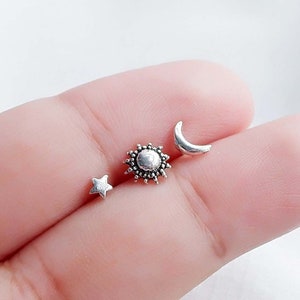 925 Sterling Silver Sun and Crescent Moon Star Stud Earrings,Mismatched Earrings, Celestial Boho Gypsy Jewelry Cartilage Helix Post Earrings