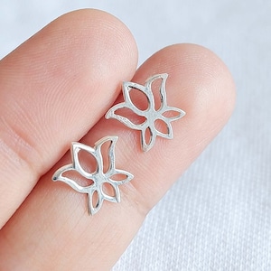 925 Sterling Silver Dainty Floral Lotus Flower Boho Bohemian Stud Earrings for Earlobe Zen Yoga Chakra Jewelry