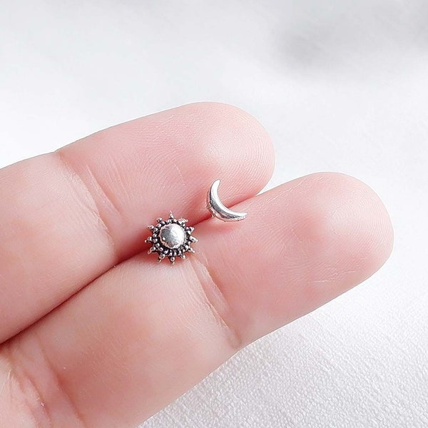 Tiny Sun and Crescent Moon Stud Earrings, 925 Sterling Silver Mismatched Earrings,Celestial Boho Gypsy Jewelry Cartilage Helix Post Earrings