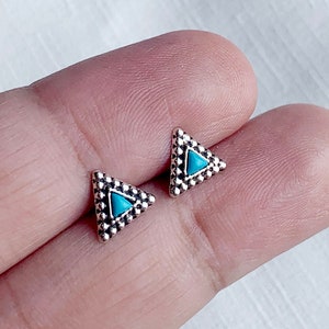 925 Sterling Silver - Dainty Triangle Turquoise Southwest Inspired, Indian Inspired Bohemian Boho dotted Stud Earrings for Earlobe Piercing