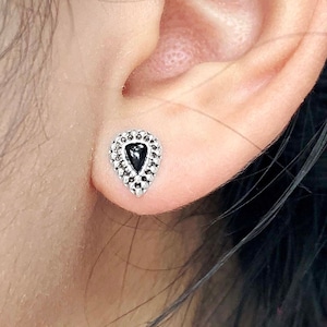 925 Sterling Silver Dainty Tiny Drop Shaped Black Onyx Southwest Inspired Indian Dotted Bohemian Beaded Stud Earrings, Boho Stud Earrings