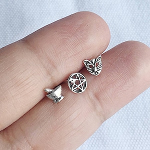 925 Sterling Silber Wiccan Hexe Esoterik Ohrstecker Set, Mörser Pestle Pentagramm Katze Gothic Post Ohrringe Knorpel Tragus Helix Piercing