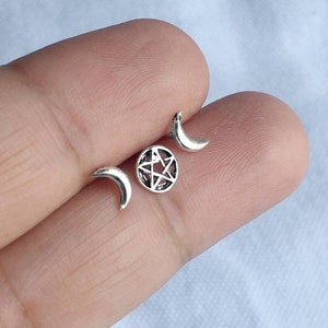 Triple Goddes Ohrringe - Mismatched Ohrstecker - 925 Sterling Silber - Pentagramm Pentagramm Mond Ohrringe - Hexerei heidnischen wiccan keltische