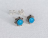 925 Sterling Silver Dainty Tiny Turquoise Southwest Inspired, Indian Inspired Bohemian Boho Flower Stud Earrings for Earlobe Piercing