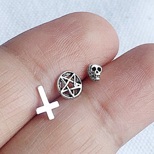 925 Sterling Silver Mismatched Stud Earring Set - Cross, Pentagram, Skull Gothic Post Earrings - Cartilage Tragus Helix Second Hole Piercing