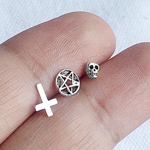 925 Sterling Silver Mismatched Stud Earring Set - Cross, Pentagram, Skull Gothic Post Earrings - Cartilage Tragus Helix Second Hole Piercing