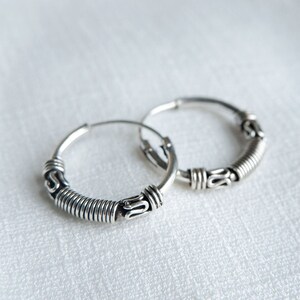 925 Sterling Silver 14mm Bali Hoop Earrings, Tribal Ethnic Ornate Hoops, Small Cartilage Helix Unisex Earrings, Boho Hoop Earrings