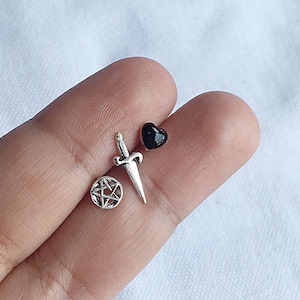 925 Sterling Silver Mismatched Stud Earring Set - Heart Dagger Pentagram Gothic Post Earrings - Cartilage Tragus Helix Second Hole Piercing