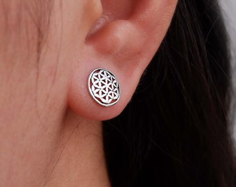 Geometric Flower of Life Stud Earrings, 925 Sterling Silver Sacred Geometry Earrings, Minimalist jewelry, Seed of life stud earrings,