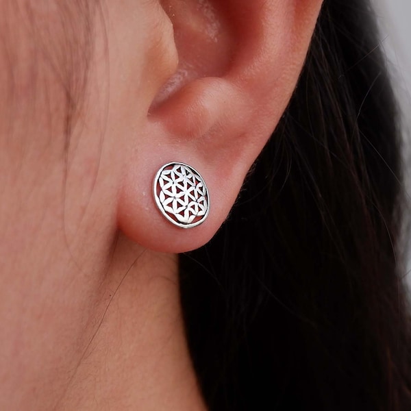 Geometrische Flower of Life Stud Oorbellen, 925 Sterling Silver Sacred Geometry Oorbellen, Minimalistische sieraden, Seed of life stud oorbellen,