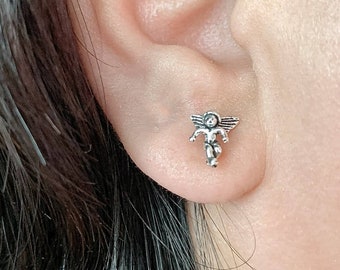 Cherub Cupid Stud Earrings - 925 Sterling Silver, Angel Stud Earrings, Guardian Angel stud earrings, Cupid Earrings, Dainty Stud Earrings