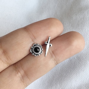 925 Sterling Silver Mismatched Stud Earring Set - Flower and Dagger Punk Goth Post Earrings - Cartilage Tragus Helix Second Hole Piercing