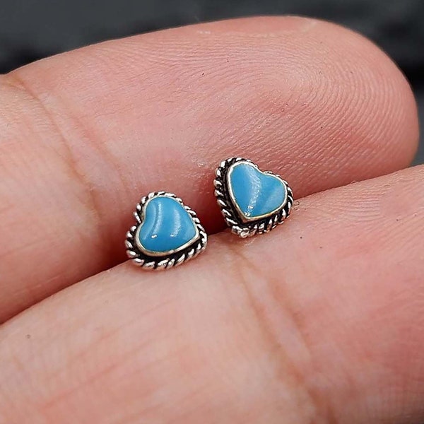 Dainty Tiny Turquoise Southwest Stud Earrings, 925 Sterling Silver, Bohemian Boho Heart Stud Earrings, Tiny Boho Turquoise Stud Earrings