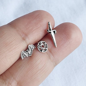 925 Sterling Silver Mismatched Stud Earring Set - Bat Pentagram Dagger Gothic Post Earrings - Cartilage Tragus Helix Second Hole Piercing