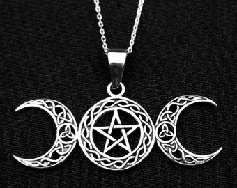 Celtic Triple moon pentagram necklace, 925 Silver Pentagram moon necklace, Moon Goddess Pendant, Pentacle Wiccan Witch Occult Pagan Necklace