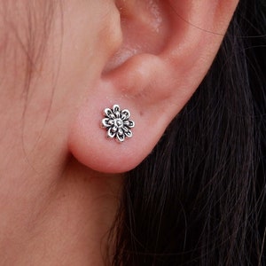 925 Sterling Silver Dainty Tiny Bohemian Boho Flower Stud Earrings for Earlobe Cartilage Tragus Piercing Helix