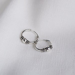 12mm 925 Sterling Silver Tiny Bali Tribal Ethnic Bohemian Boho Ornate Tribal Unisex Boho Hoop Earrings Sleeper Cartilage Helix Hoops
