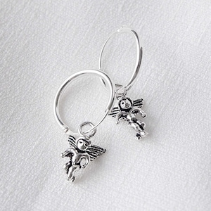 Cherub Cupid Dangle Hoop Earrings - 925 Sterling Silver, Angel Earrings, Guardian Angel Hoop earrings, Cupid Earrings, Dainty Hoop Earrings