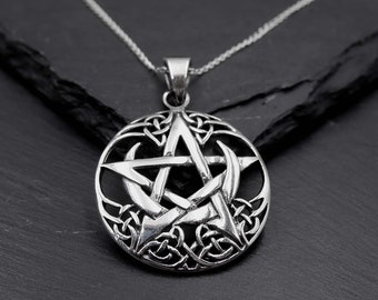 Celtic Wiccan Moon Pentagram Necklace, 925 Silver Crescent Moon Pentacle Pendant - Magic Witch Pentagram Goth Gothic Pendant Charm Necklace