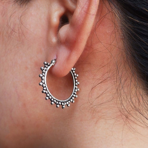 925 Sterling Silver Tribal Dotted Hoop Earrings Small, Bohemian Mandala Indian Beaded Earrings Tribal Hoop Earrings Ethnic Hoop Earrings