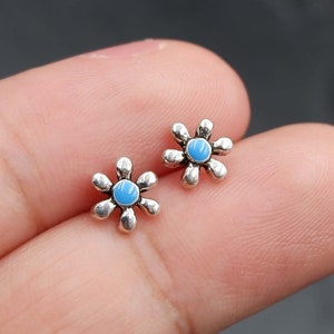 Dainty Tiny Turquoise Southwest Stud Earrings, 925 Sterling Silver, Bohemian Boho Flower Stud Earrings, Tiny Boho Turquoise Stud Earrings