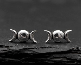 Triple Moon Stud Earrings, 925 Sterling Silver, Moon Phase Stud earrings, triple goddess earrings, witchcraft pagan wiccan Celtic earrings