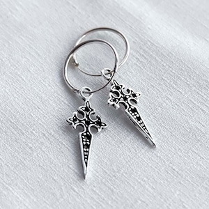 925 Sterling Silver Gothic Cross Dangle Hoop Earrings, Athame Hoop Earrings, Punk Metal Nugoth Gothic Occult Wiccan Witch Drop Hoop Earrings