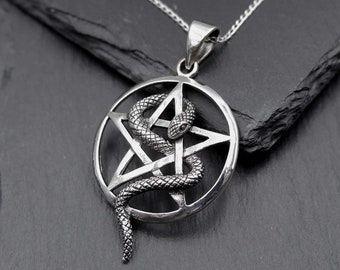 Snake Pentagram Occult Pendant Necklace, 925 Silver Occult Wiccan Witch Pagan Star Serpent Pentacle Necklace, Witchcraft Pendant Necklace