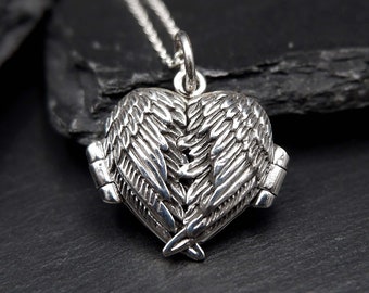 Guardian Angel Wings Heart Locket Necklace, 925 Sterling Silver Heart Photo Locket Necklace, Heart Angel Wings Pendant Locket Necklace