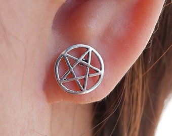 Sterling Silver Pentagram Pentacle Star Wiccan Stud Earrings