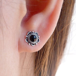 925 Sterling Silver Dainty Tiny Black Onyx Southwest Inspired, Indian Inspired Bohemian Boho Flower Stud Earrings for Earlobe Piercing