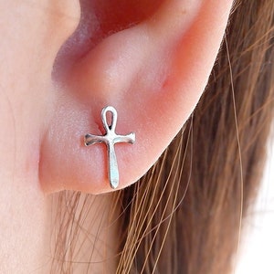 925 Sterling Silver Ankh Cross Egyptian Ancient Religious Symbol Stud Post Earrings Cartilage Helix Tragus Piercing
