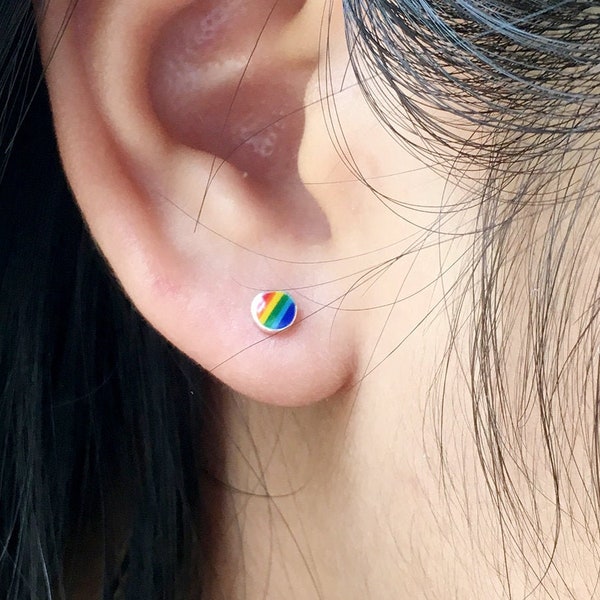 925 Sterling Silver Dainty Tiny Colorful Round Stud Earrings, Gay Pride LGBTQ Jewelry, Rainbow Pride Stud Earrings- Helix Cartilage Tragus