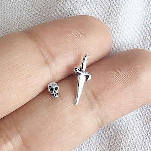 925 Sterling Silver Mismatched Stud Earring Set - Tiny Skull and Dagger Punk Goth Post Earrings -Cartilage Tragus Helix Second Hole Piercing